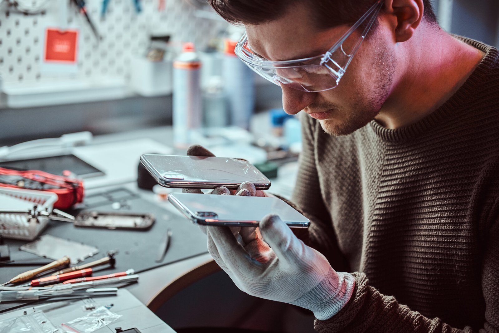 Technician holds two identical smartphones for comparison, in one hand broken and in another new